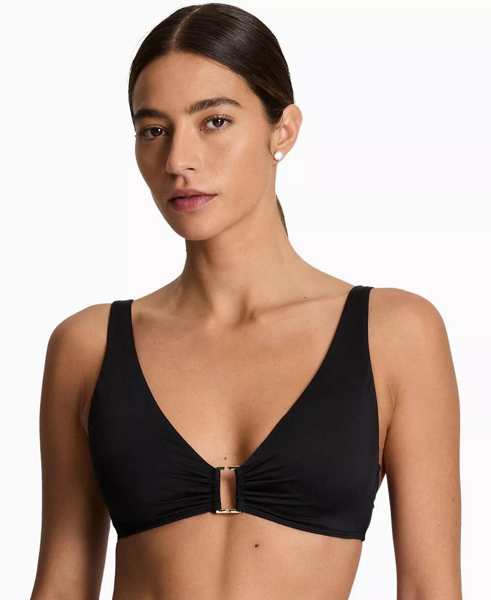 Lauren Ralph Lauren Ring Over-The-Shoulder V-Neck Bikini Top Black Size 4 0734